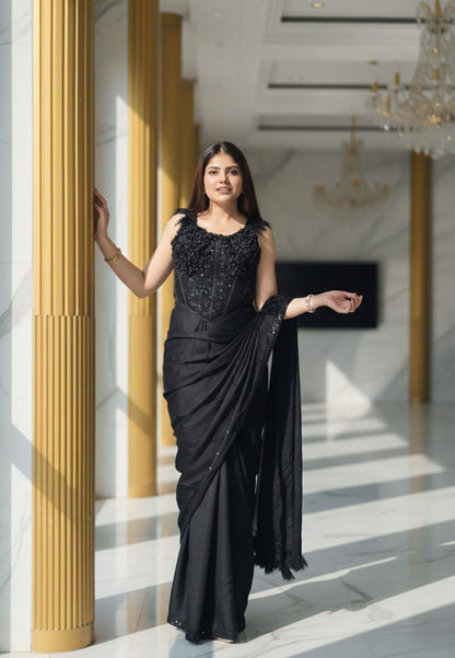Chinnon Silk Readymade Drape Saree with Applique Work Embroidery - Black