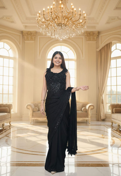 Chinnon Silk Readymade Drape Saree with Applique Work Embroidery - Black