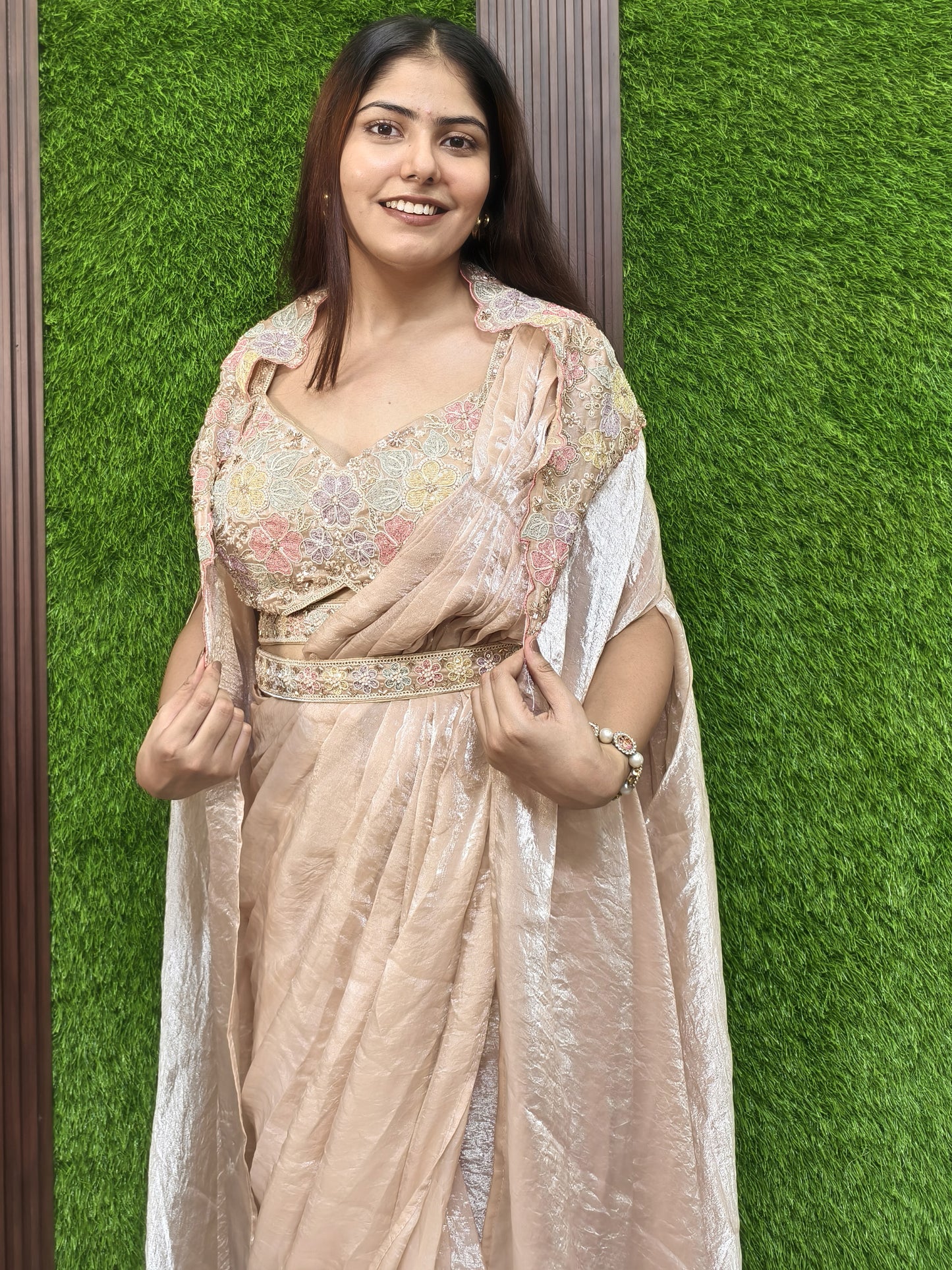 Organza Silk Saree Spaghetti Blouse Drape with Shrug and Belt in Peach