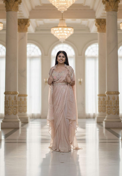 Organza Silk Saree Spaghetti Blouse Drape with Shrug and Belt in Peach
