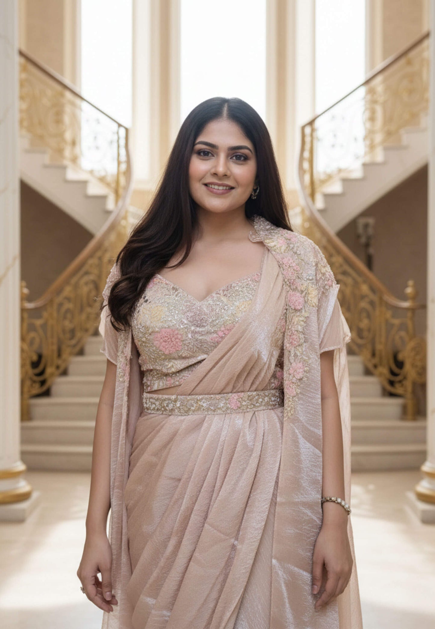 Organza Silk Saree Spaghetti Blouse Drape with Shrug and Belt in Peach