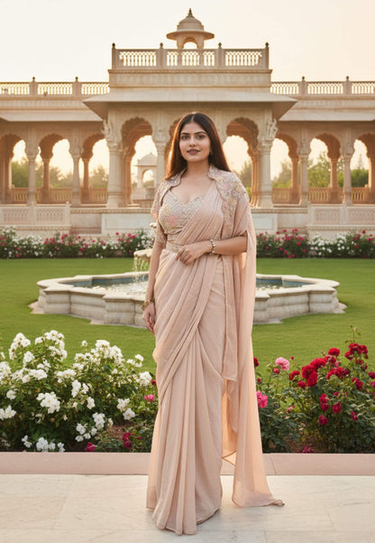 Organza Silk Saree Spaghetti Blouse Drape with Shrug and Belt in Peach