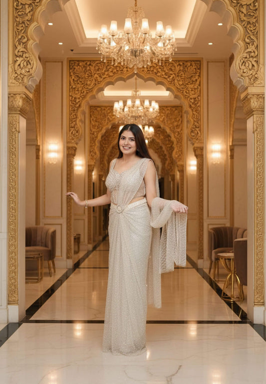 Mesh Net with Heavy Full Hand Work Stylish Drape Saree in Golden