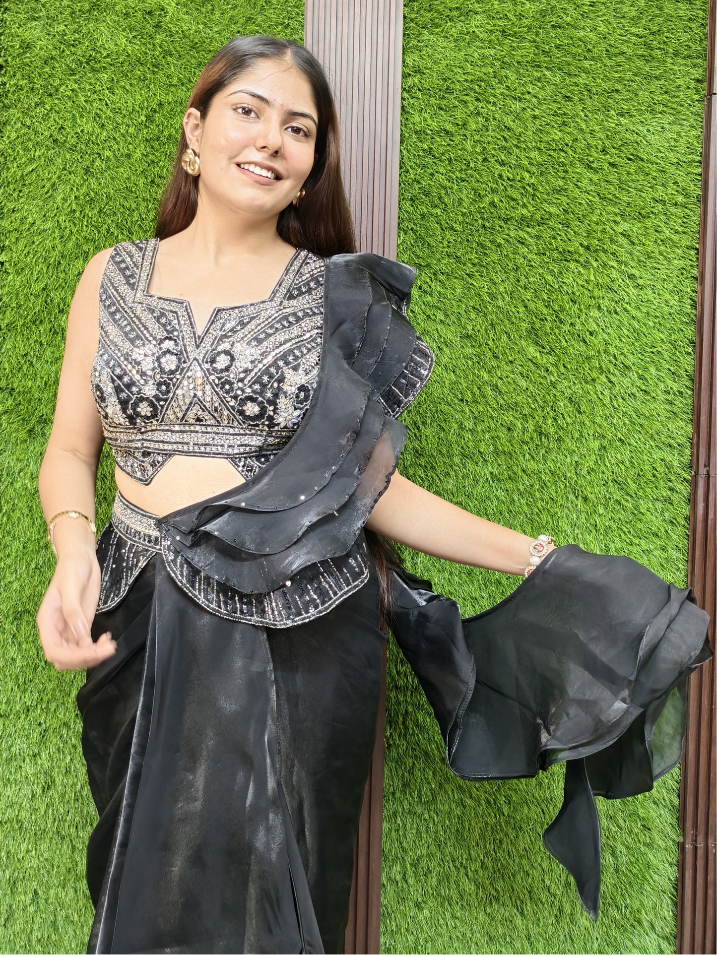 Organza Silk Saree with Stylish Hand Work Blouse and Ruffles Designing  - Black