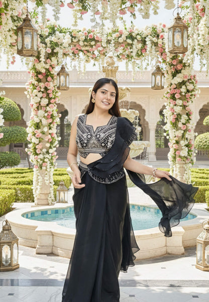 Organza Silk Saree with Stylish Hand Work Blouse and Ruffles Designing  - Black