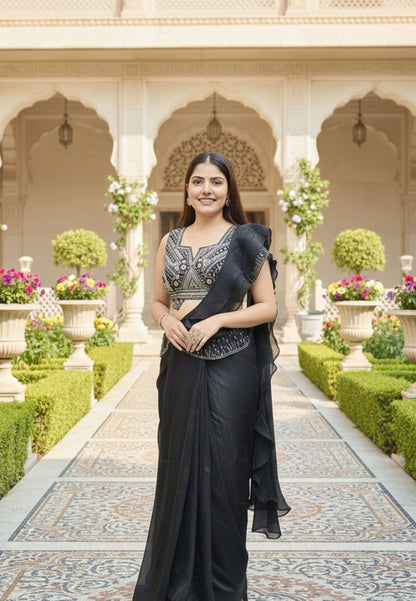 Organza Silk Saree with Stylish Hand Work Blouse and Ruffles Designing  - Black