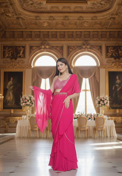 Stylish Readymade Drape Georgette Saree with Belt in Hot Pink