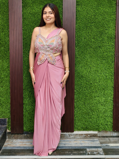 Lycra Butterfly Design Readymade Drape Saree in Mat Blue