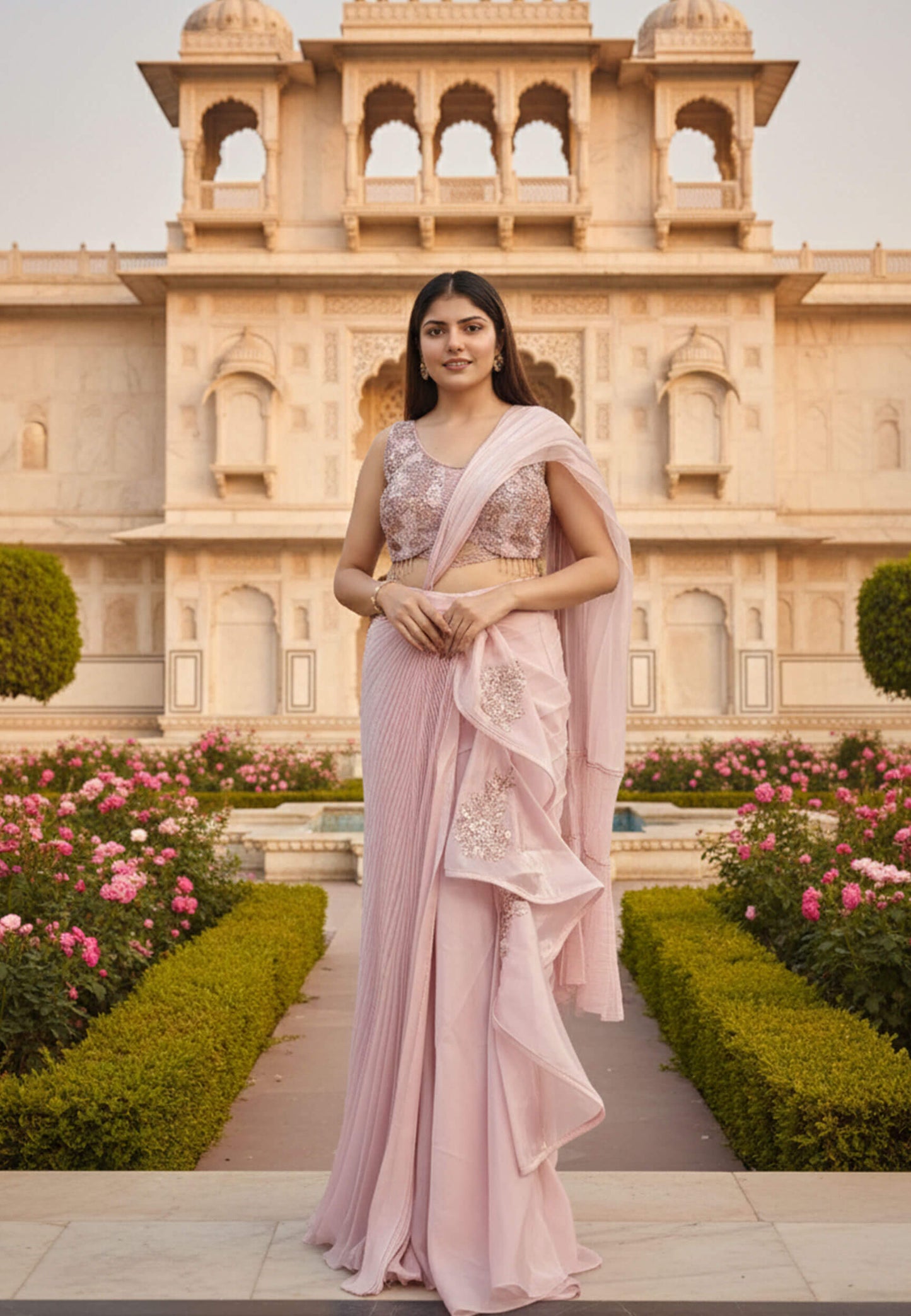 Organza Readymade Saree with Ruffle Design in Pink