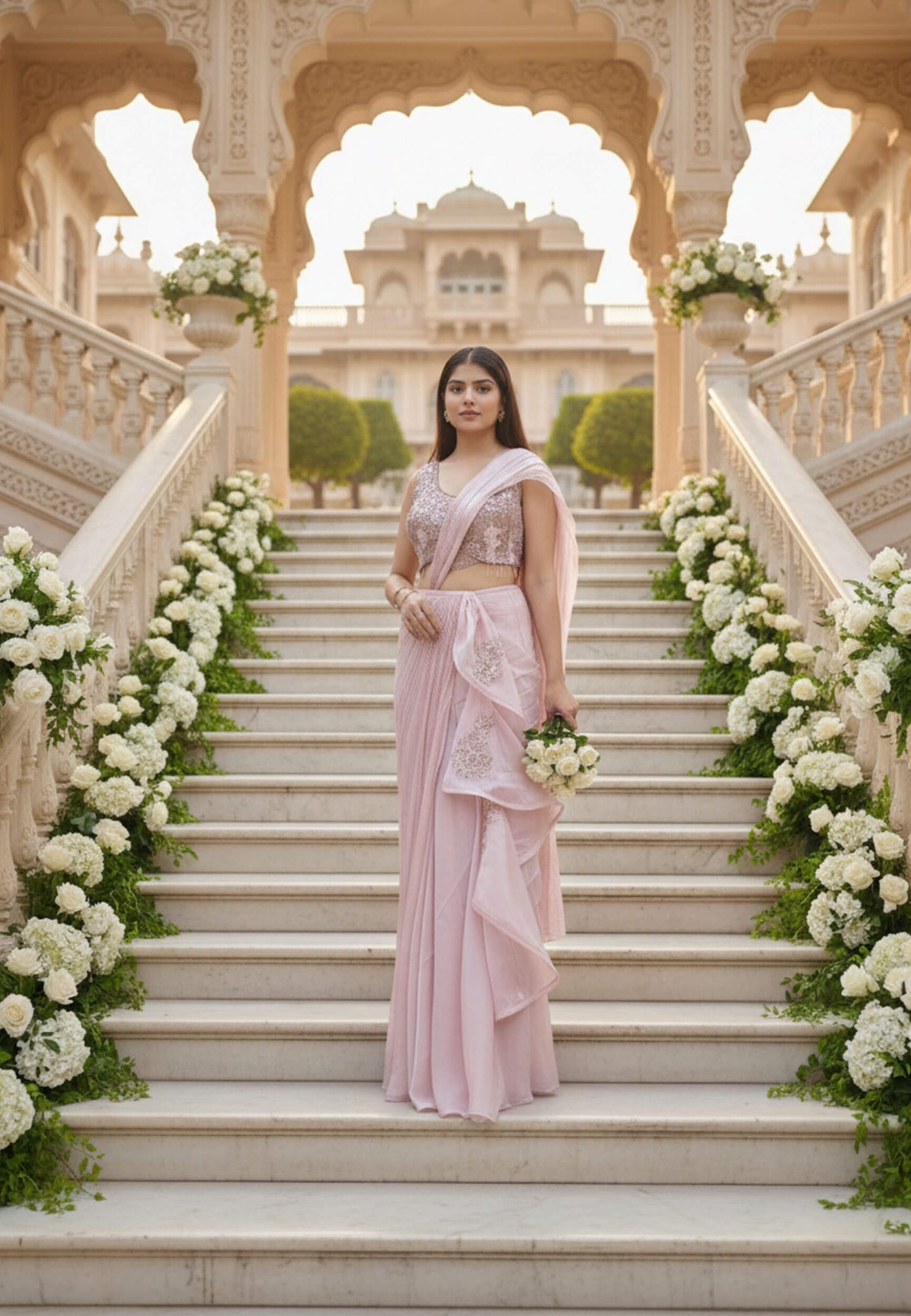 Organza Readymade Saree with Ruffle Design in Pink