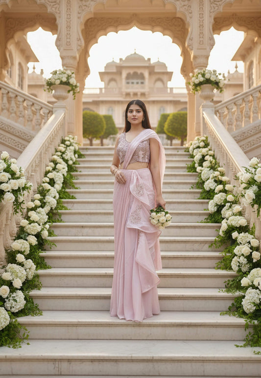 Organza Readymade Saree with Ruffle Design in Pink