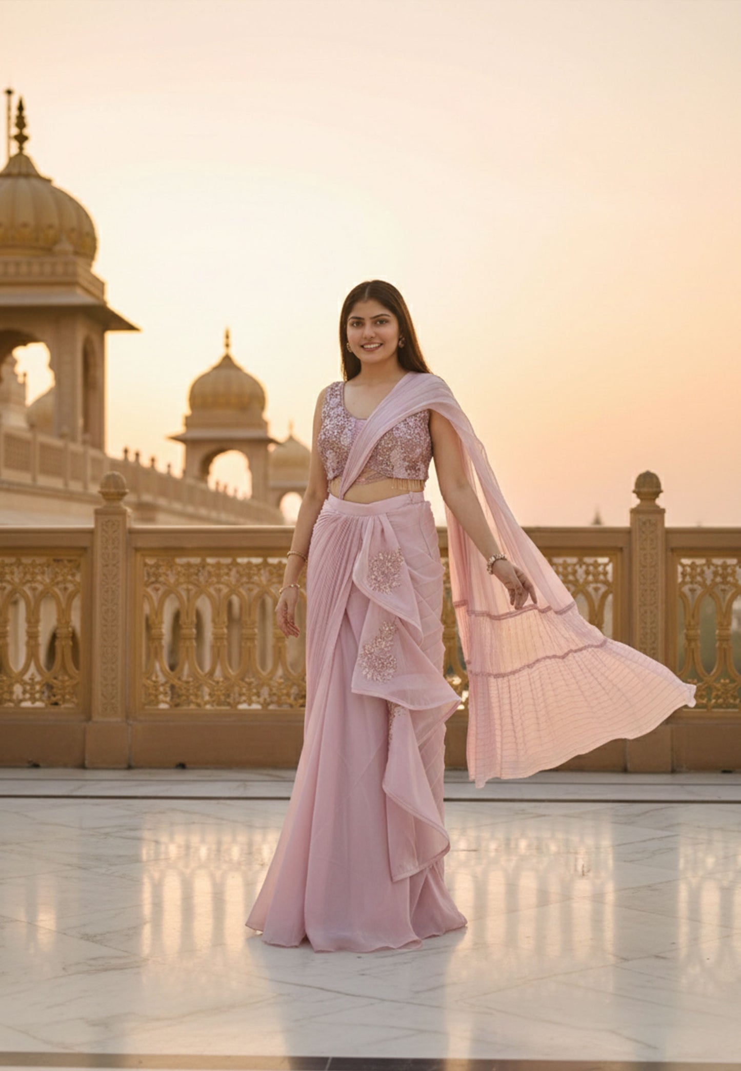 Organza Readymade Saree with Ruffle Design in Pink