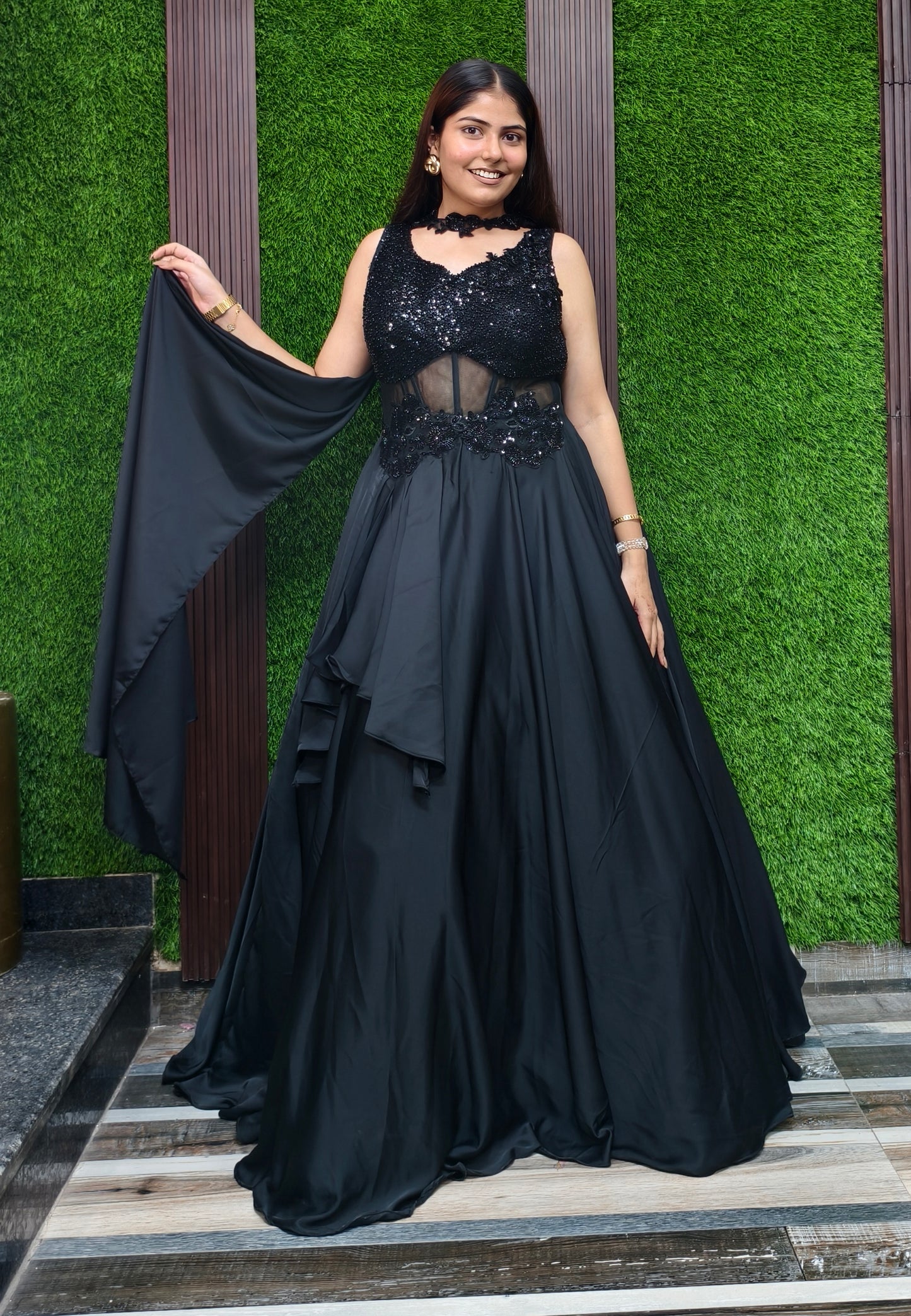 Armani Satin Corset Style One Piece Dress with Choker Dupatta - Hand Work