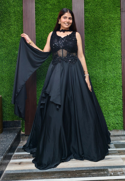 Armani Satin Corset Style One Piece Dress with Choker Dupatta - Hand Work