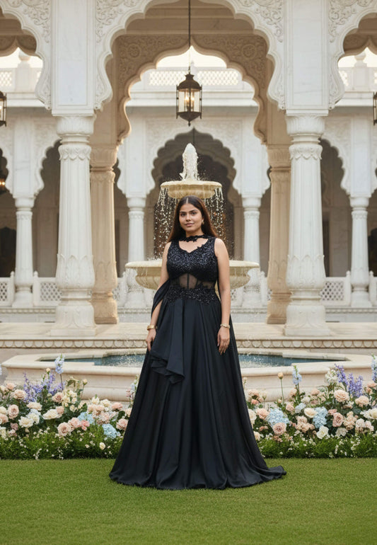 Armani Satin Corset Style One Piece Dress with Choker Dupatta - Hand Work