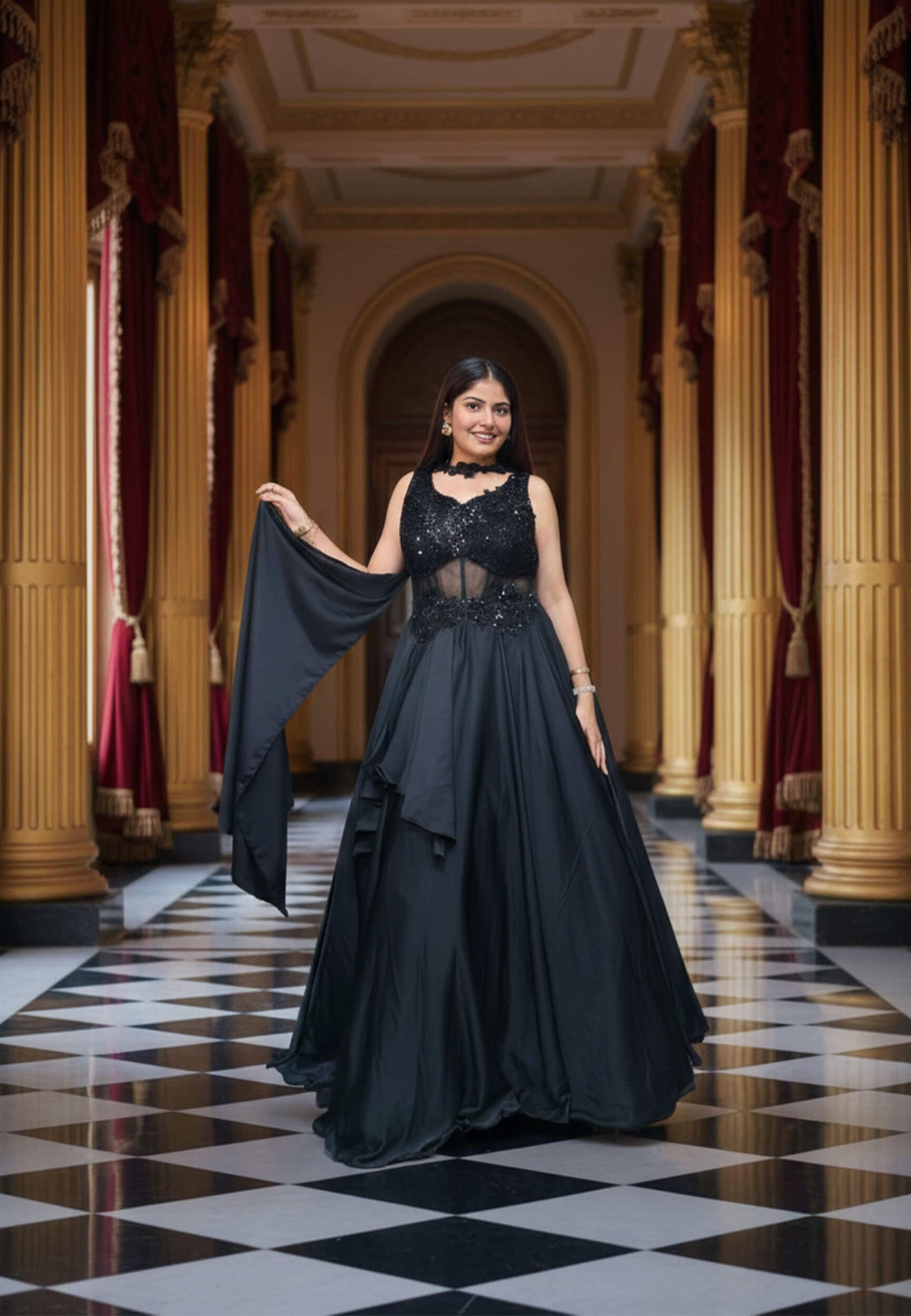 Armani Satin Corset Style One Piece Dress with Choker Dupatta - Hand Work