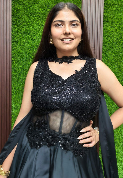 Armani Satin Corset Style One Piece Dress with Choker Dupatta - Hand Work