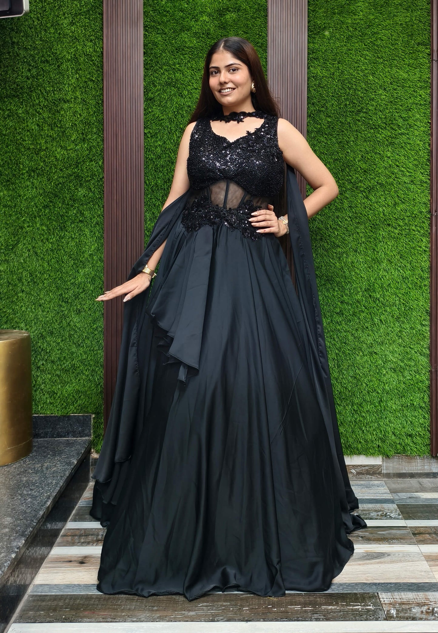 Armani Satin Corset Style One Piece Dress with Choker Dupatta - Hand Work