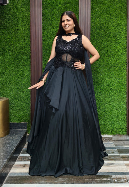 Armani Satin Corset Style One Piece Dress with Choker Dupatta - Hand Work