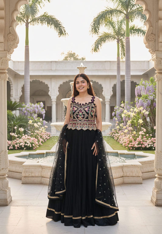 Spaghetti Style Multi Embroidered Mirror Work Anarkali Dress in Chinnon Silk