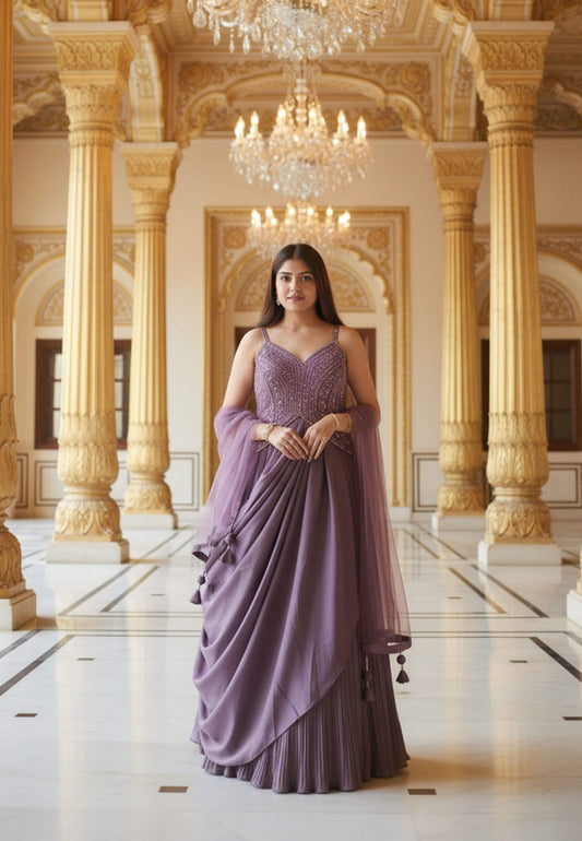 Hand Work Stylish Drape Style One Piece Dress in Indo Western - Armani Satin