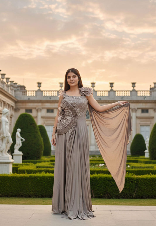 Western Style One Piece Dress with Beautiful Applique Work - Imported Lycra