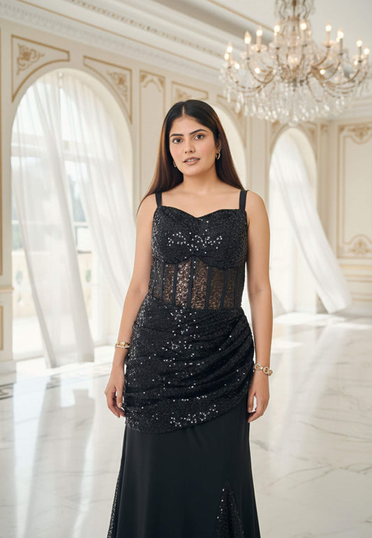 Western Style Fish Cut Dress with Heavy Sequence Work - Mesh Net Hand Work