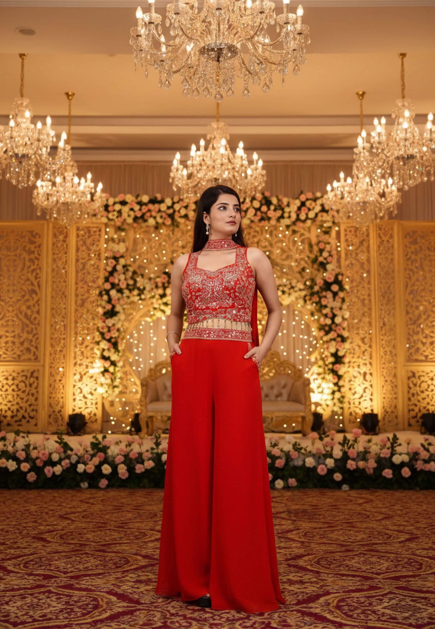 Crop Top Sharara with Choker Dupatta in Orange - Georgette Hand Work