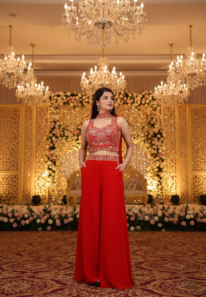 Crop Top Sharara with Choker Dupatta in Orange - Georgette Hand Work