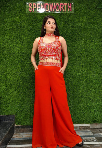 Crop Top Sharara with Choker Dupatta in Orange - Georgette Hand Work