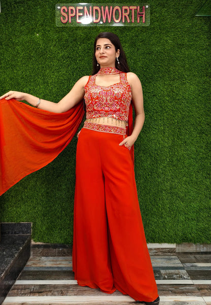Crop Top Sharara with Choker Dupatta in Orange - Georgette Hand Work