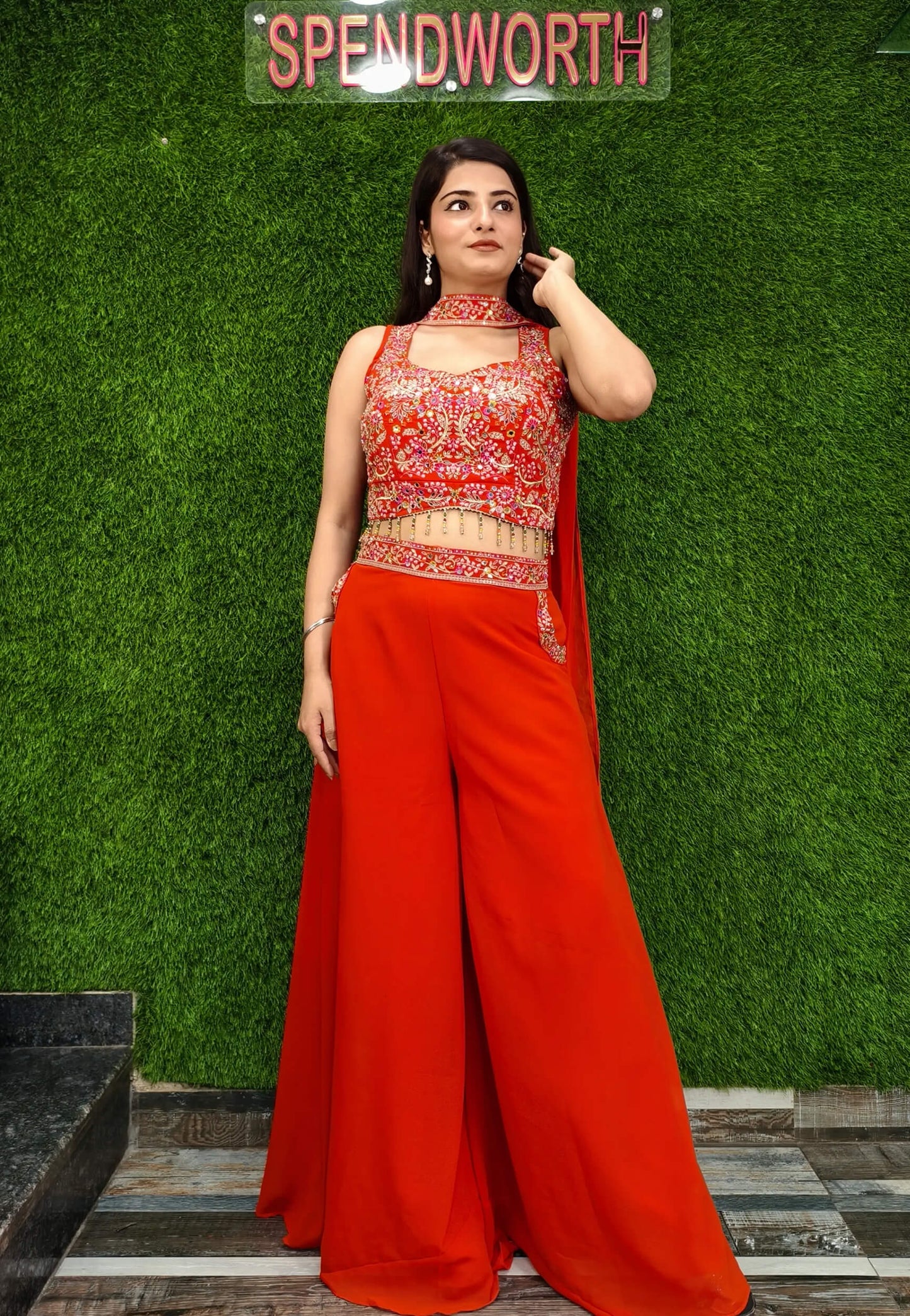 Crop Top Sharara with Choker Dupatta in Orange - Georgette Hand Work