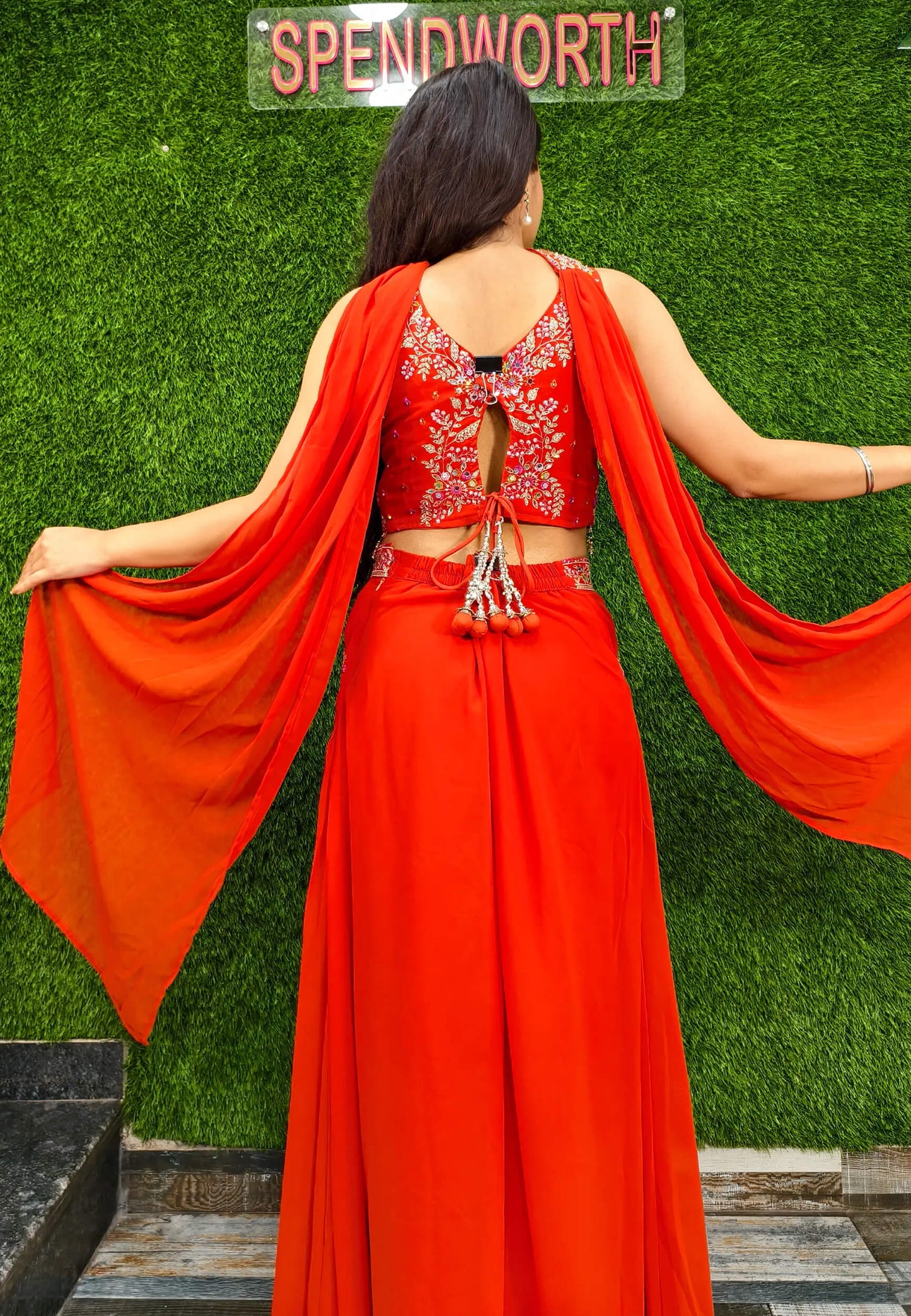 Crop Top Sharara with Choker Dupatta in Orange - Georgette Hand Work