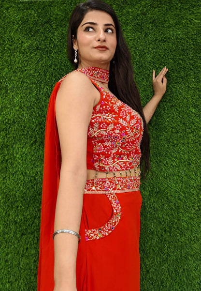 Crop Top Sharara with Choker Dupatta in Orange - Georgette Hand Work