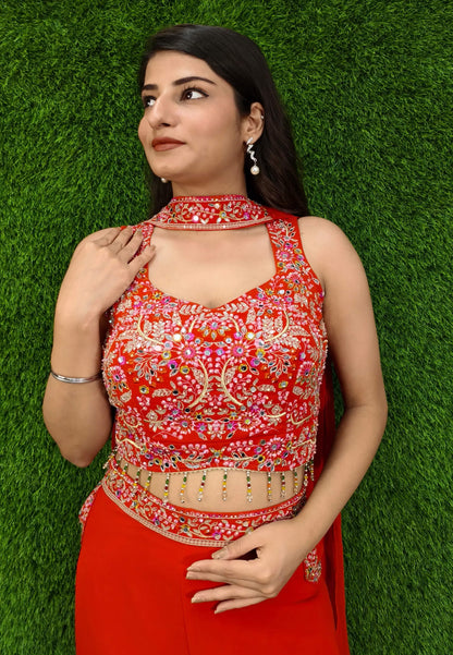 Crop Top Sharara with Choker Dupatta in Orange - Georgette Hand Work