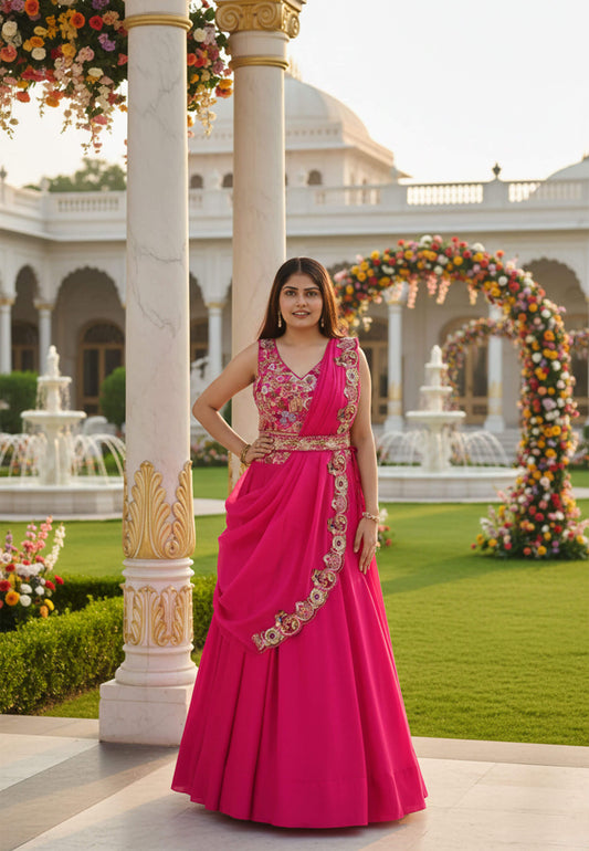 Multi Embroidered Indo Western Dress with Belt and Designer Cape - Georgette