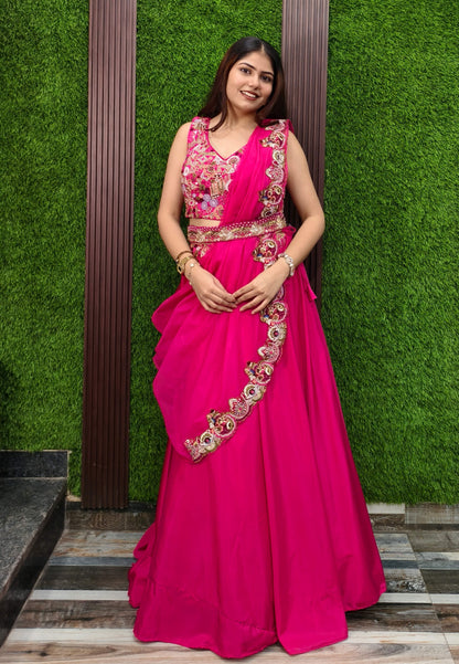 Multi Embroidered Indo Western Dress with Belt and Designer Cape - Georgette