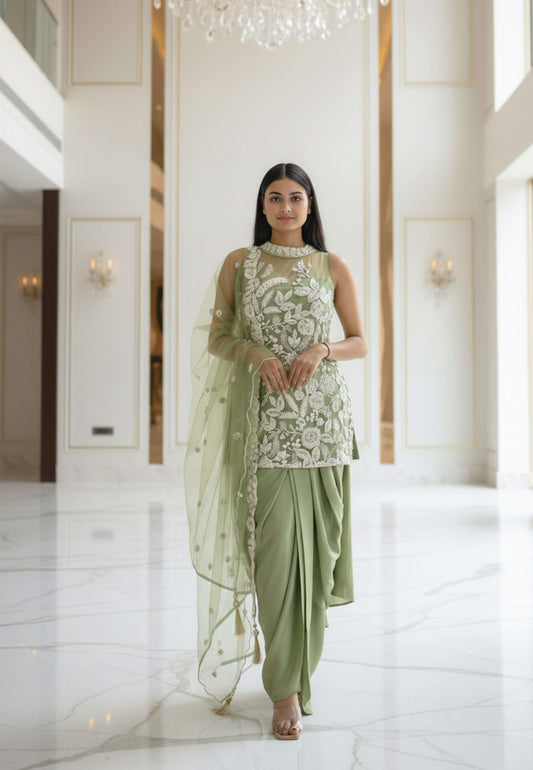 Halter Neck Designer Indo Western Dress with Cowl Skirt - Armani Satin Hand Work