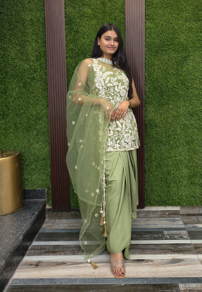 Halter Neck Designer Indo Western Dress with Cowl Skirt - Armani Satin Hand Work