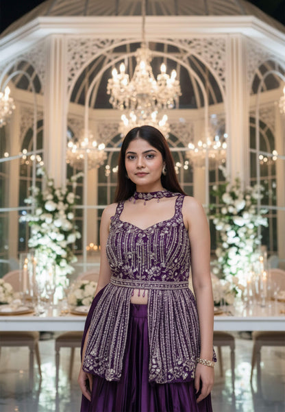 Peplum Style Embellished Indo Western Dress with Skirt and Choker Dupatta