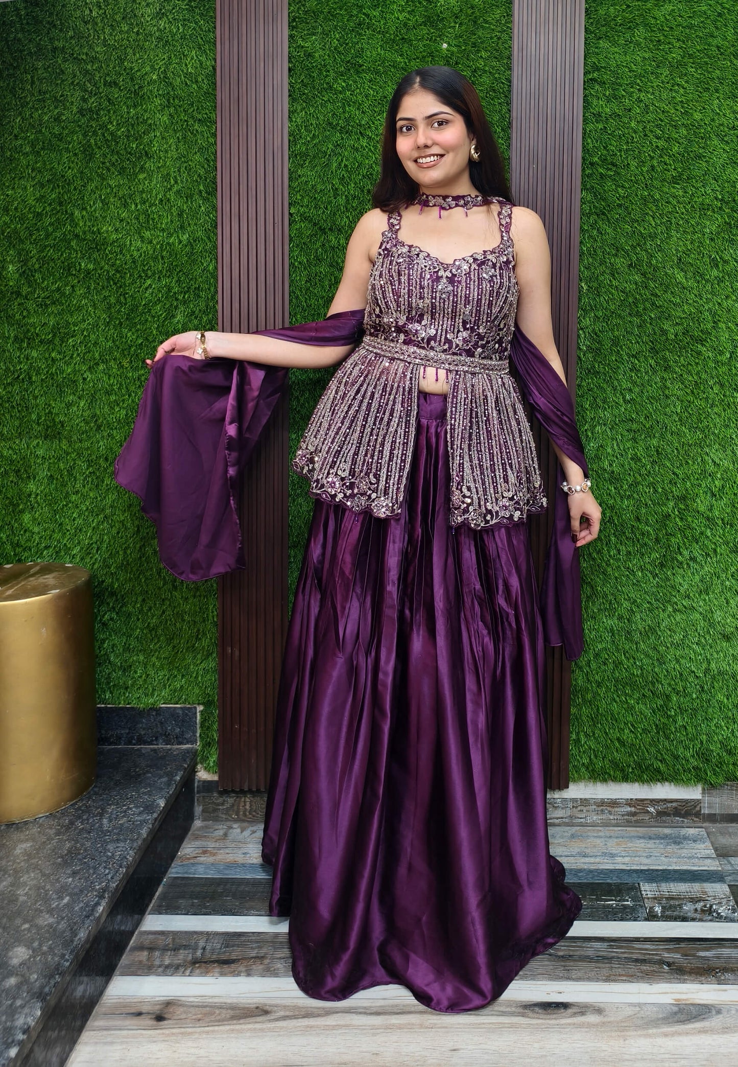 Peplum Style Embellished Indo Western Dress with Skirt and Choker Dupatta