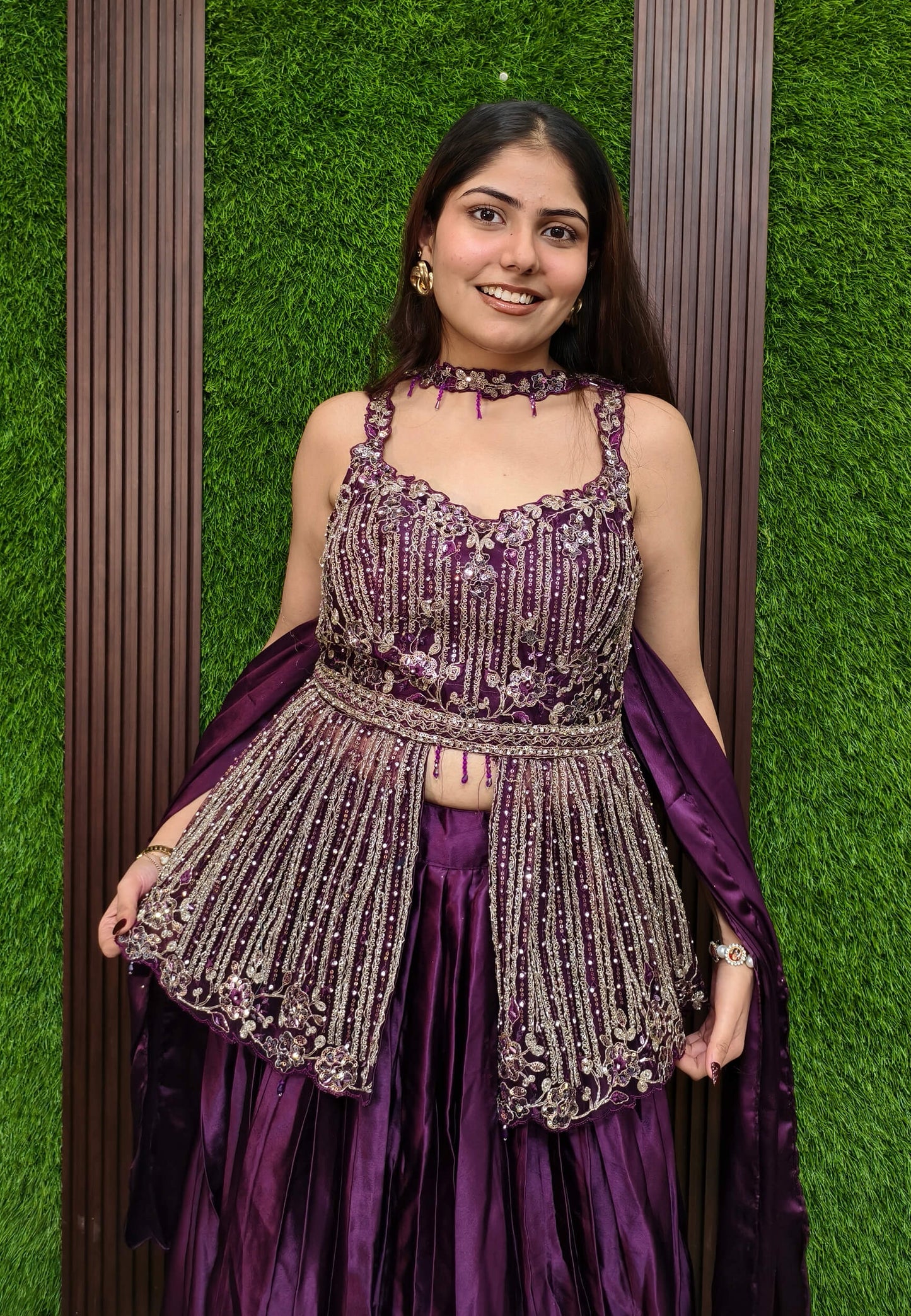 Peplum Style Embellished Indo Western Dress with Skirt and Choker Dupatta