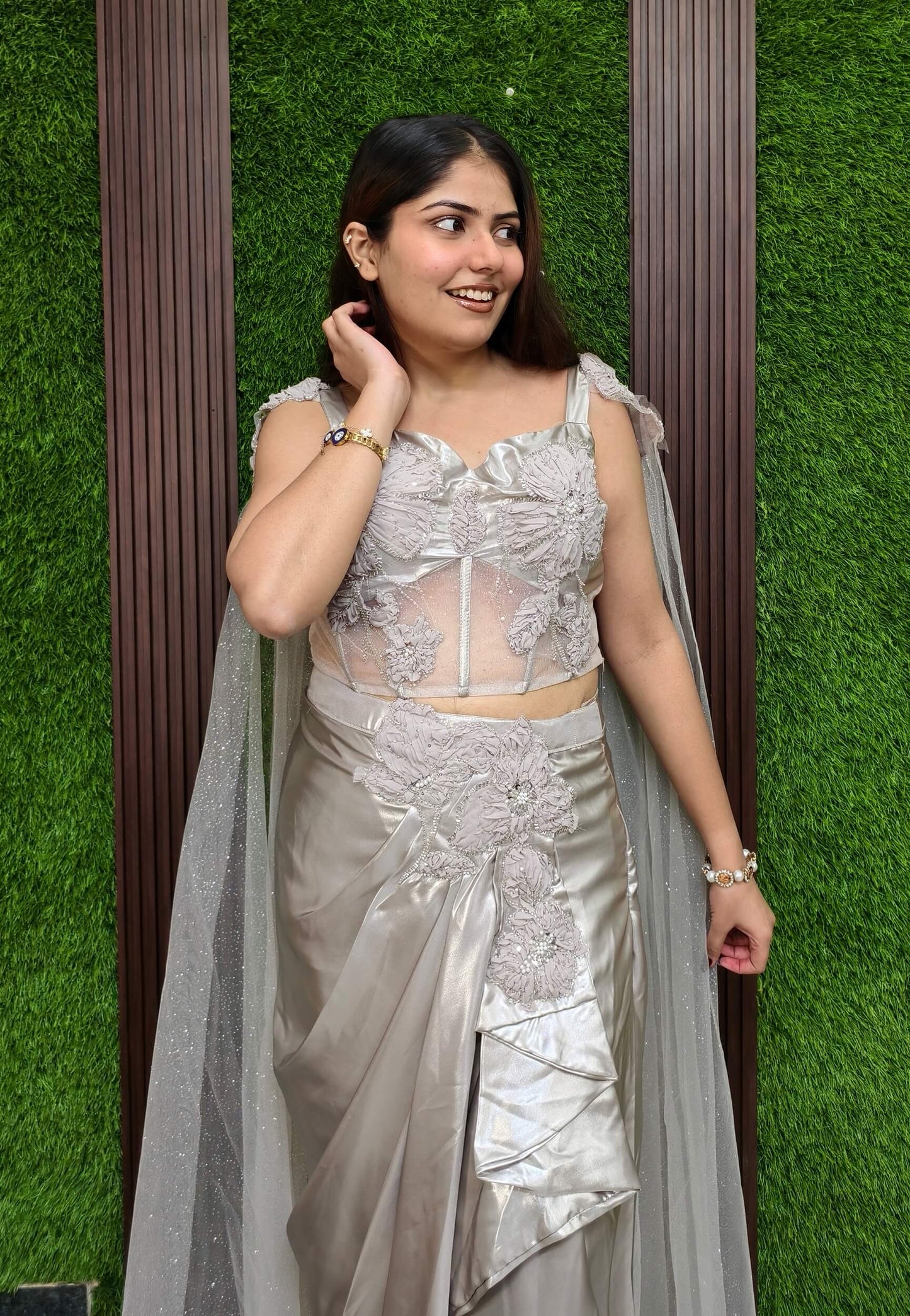 Corset Style Indo Western Dress with Cowl Skirt - Imported Shimmer Hand Work