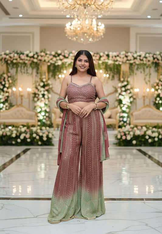 Spaghetti Style Girlish Crop Top Sharara Dress in Ombre - Viscose Georgette