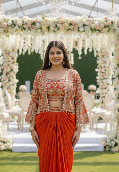 Indo Western Dress with Short Jacket in Orange - Armani Satin Hand Work
