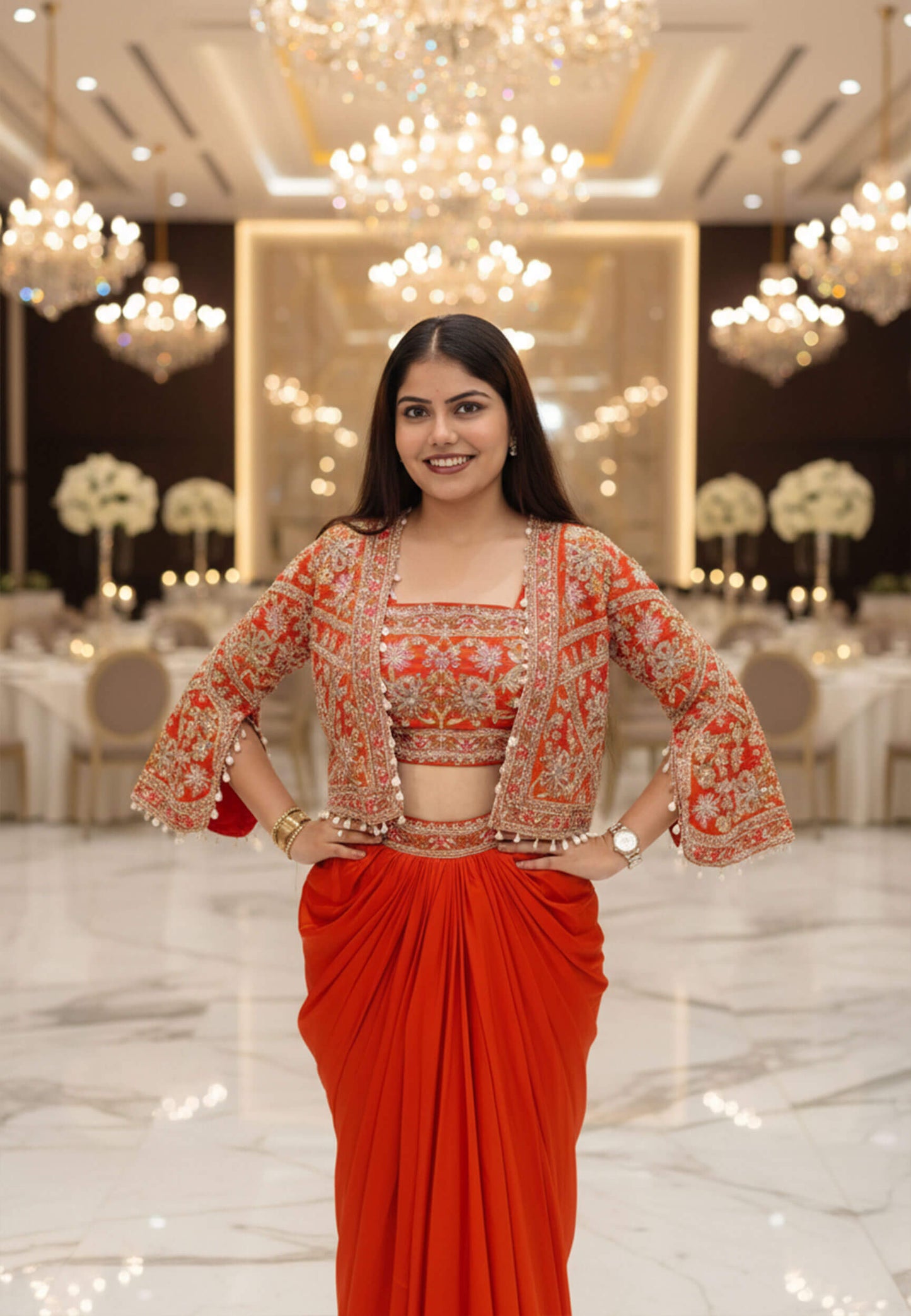 Indo Western Dress with Short Jacket in Orange - Armani Satin Hand Work