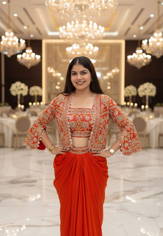 Indo Western Dress with Short Jacket in Orange - Armani Satin Hand Work