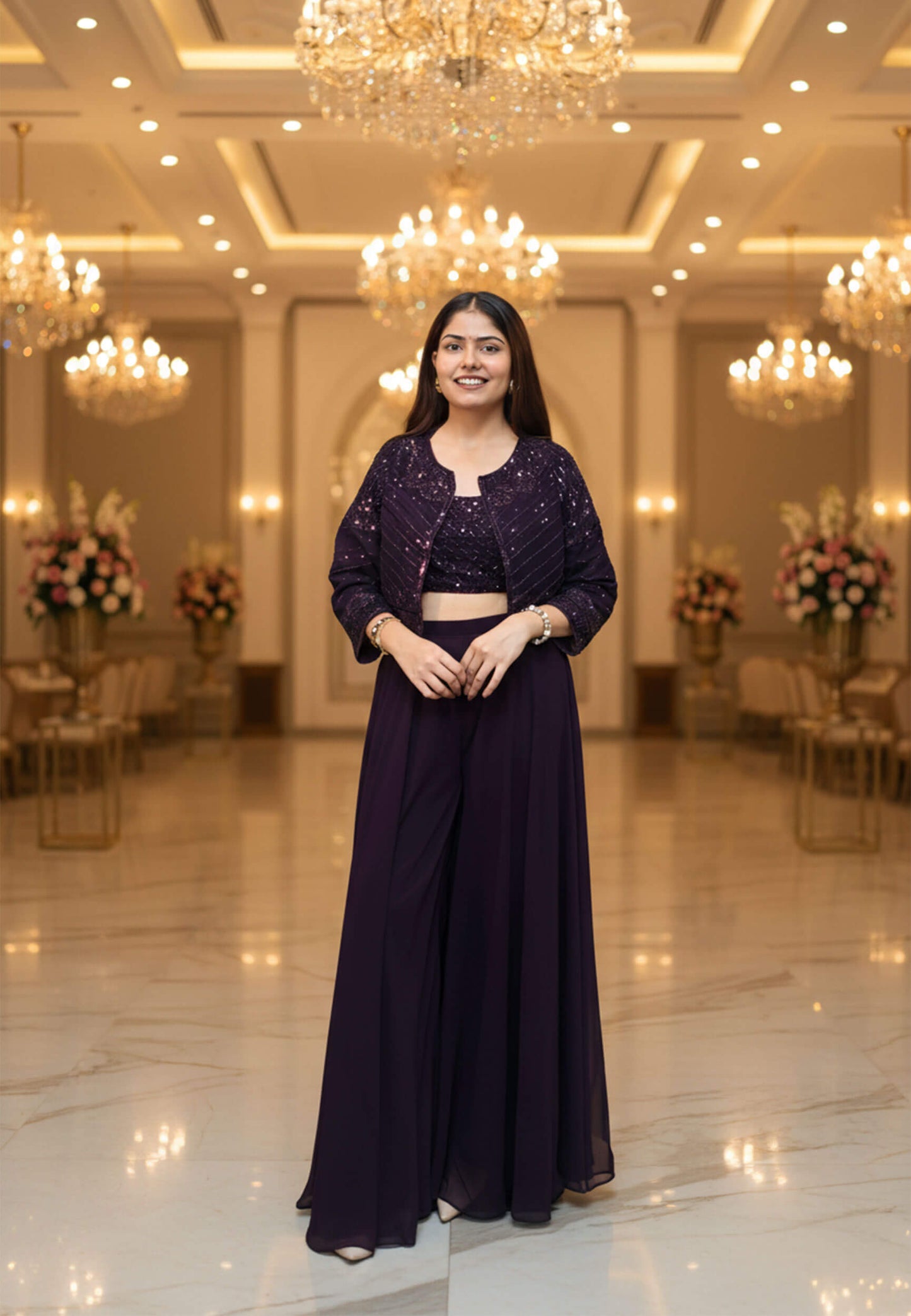 Indo Western Dress with Short Jacket in Wine - Georgette Hand Work
