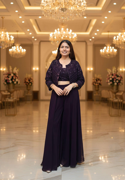Indo Western Dress with Short Jacket in Wine - Georgette Hand Work