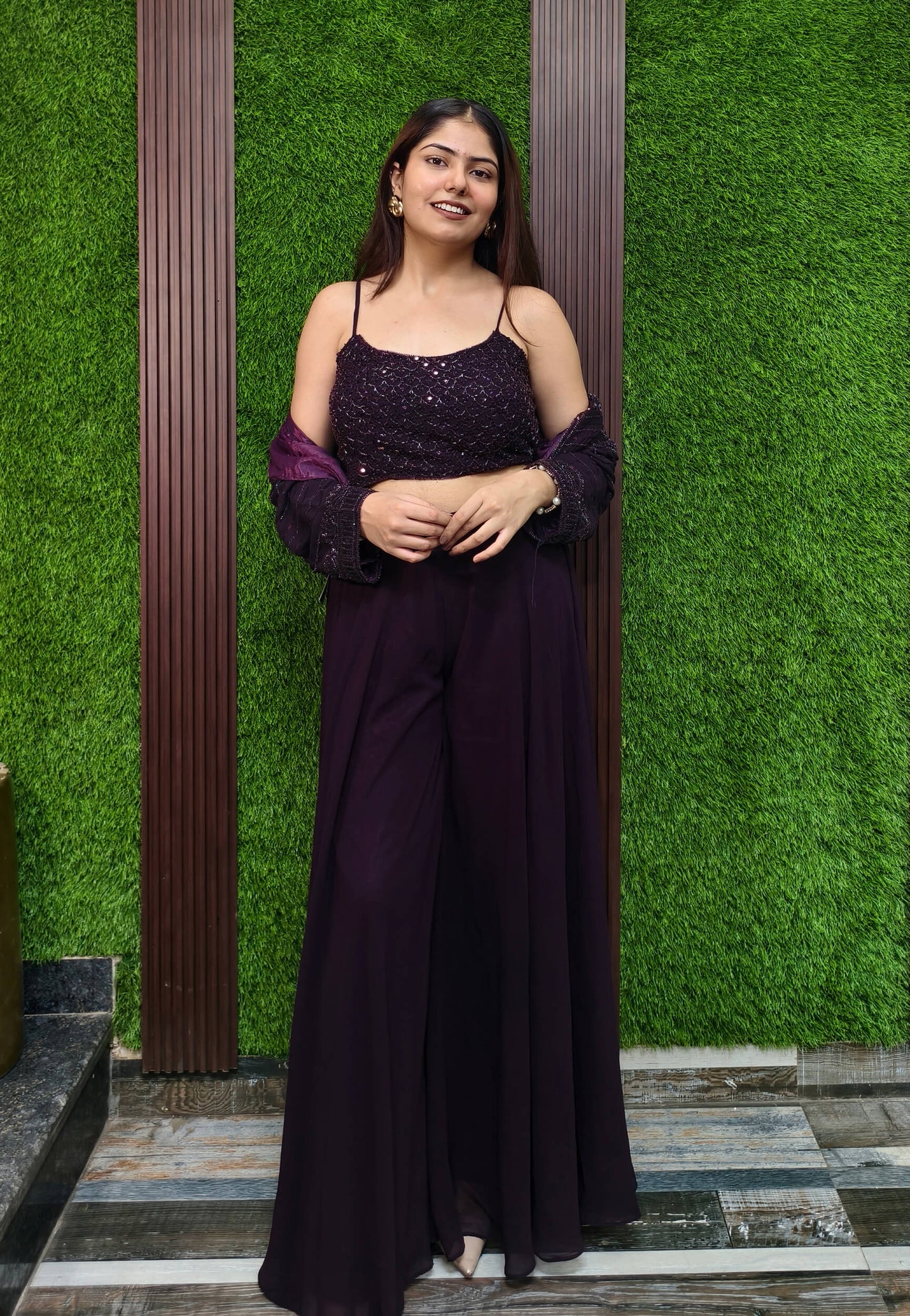 Indo Western Dress with Short Jacket in Wine - Georgette Hand Work